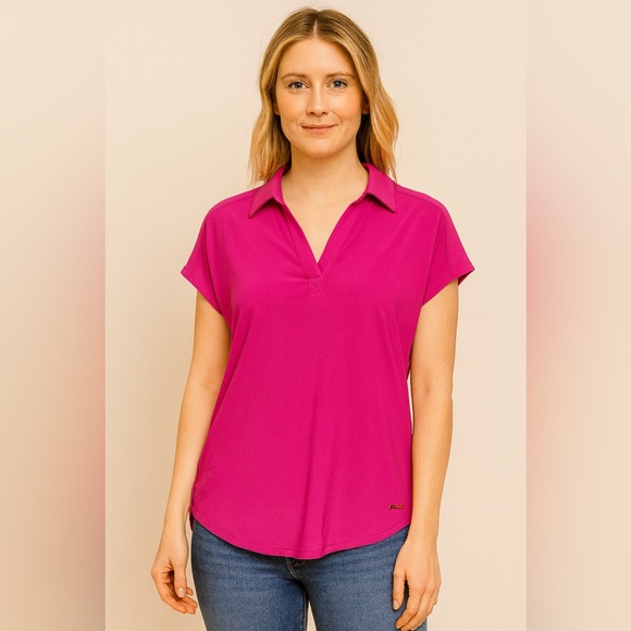 Jones New York Tops - Jones New York Magenta Collared Blouse Short Sleeve V-Notch NWT